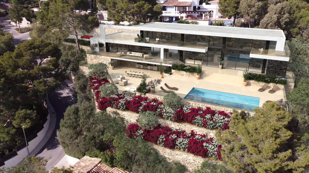 CGI of large modern property with swimming pool and ornate garden