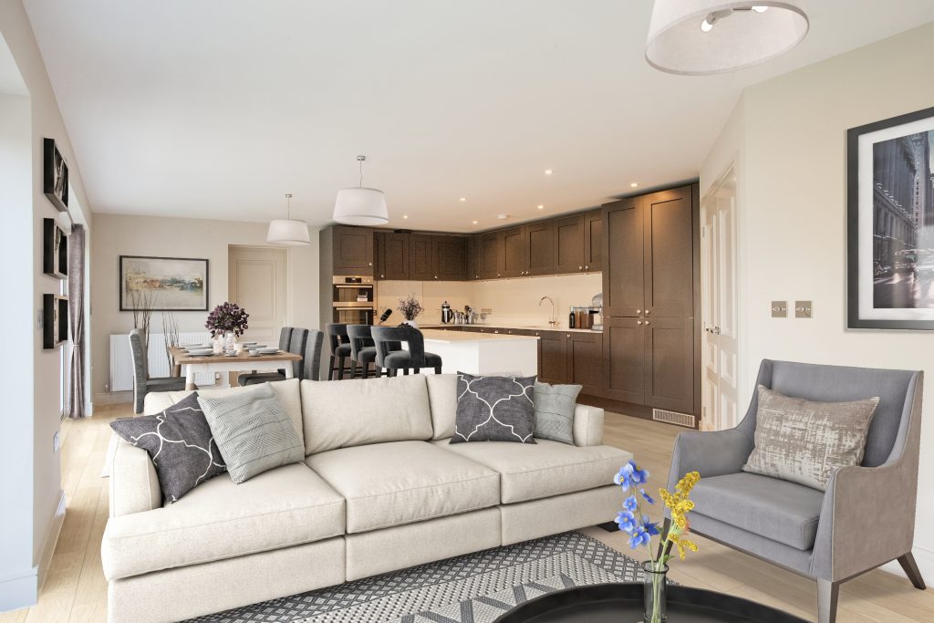 Virtually staged open plan kitchen and sitting room