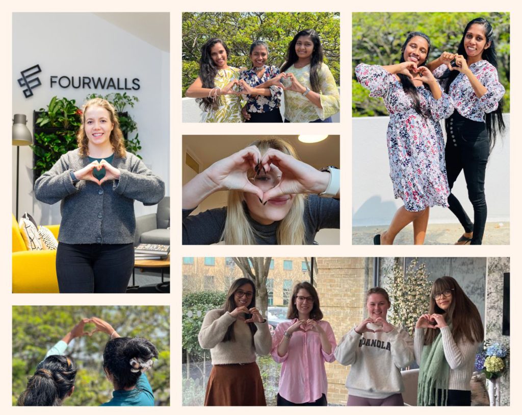 Collages of employees holding their hands in a heart shape.